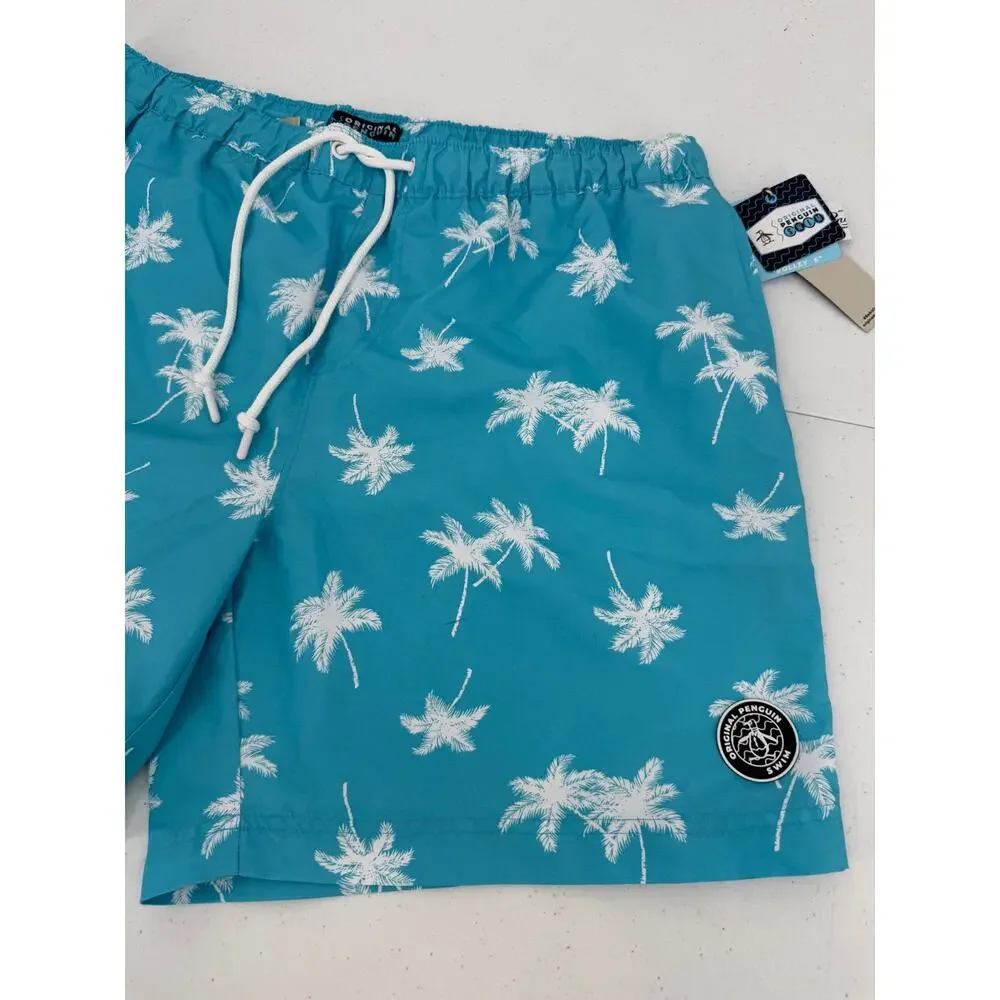 NWT Original Penguin Lined Swim Trunk Short Blue Atoll Palm Tree Size X-LARGE